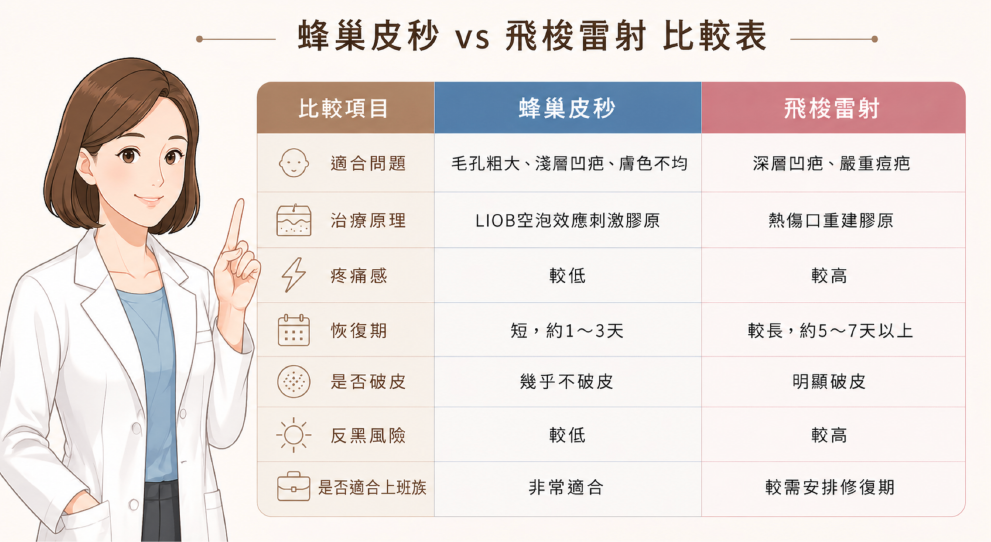 蜂巢皮秒與飛梭雷射適合族群比較圖