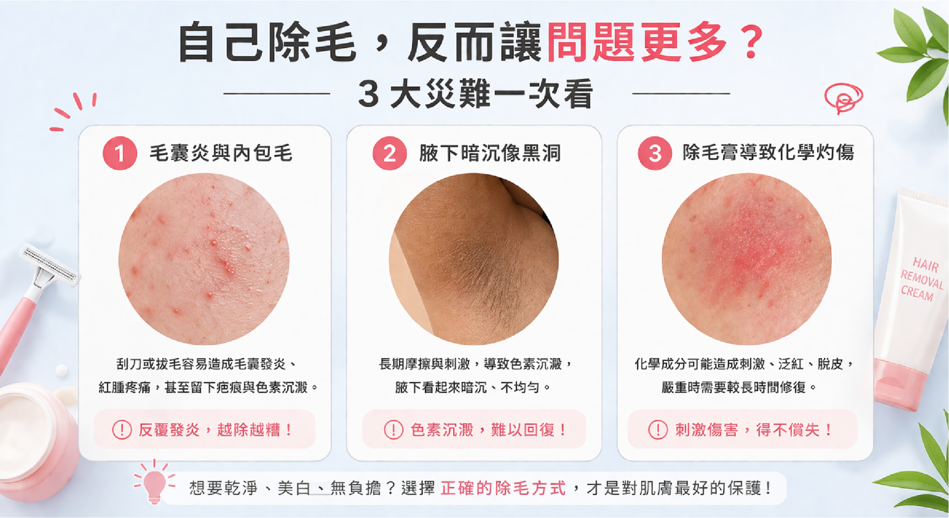 自行除毛可能造成毛囊炎、腋下暗沉與皮膚刺激問題 自行除毛可能造成毛囊炎、腋下暗沉與皮膚刺激問題