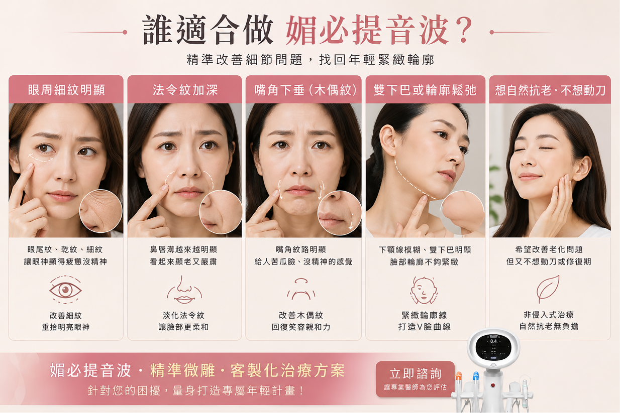 媚必提音波適合對象示意,改善眼周細紋、法令紋、嘴角下垂與雙下巴等臉部老化問題 媚必提音波適合對象示意,改善眼周細紋、法令紋、嘴角下垂與雙下巴等臉部老化問題