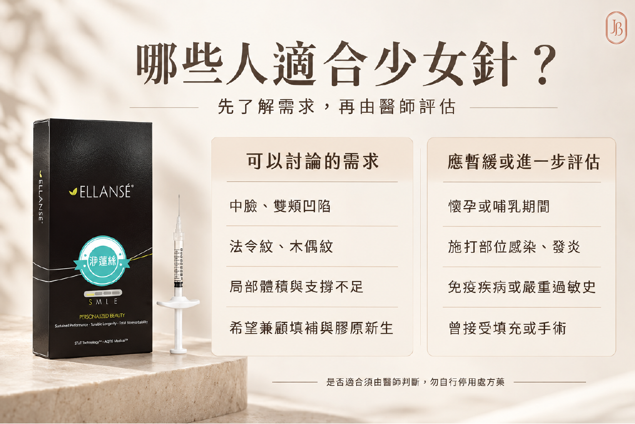 哪些人適合少女針 少女針適合族群與評估注意事項:臉部凹陷、紋路及支撐不足等需求,須由醫師評估是否適合施打