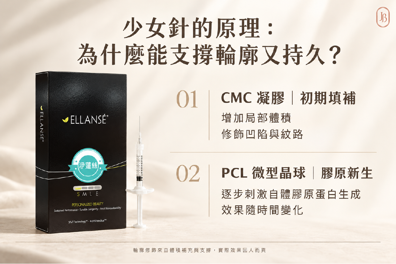 少女針的原理 Ellansé 洢蓮絲少女針原理:CMC 凝膠提供初期填補,PCL 微球逐步刺激膠原蛋白生成