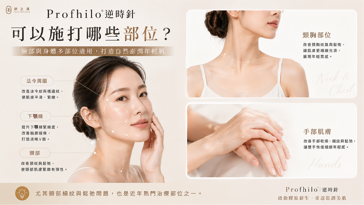 Profhilo逆時針適用施打部位介紹,包含臉部、頸部、下顎線、法令周圍、頸胸與手部肌膚,改善鬆弛與細紋問題。 Profhilo逆時針適用施打部位介紹,包含臉部、頸部、下顎線、法令周圍、頸胸與手部肌膚,改善鬆弛與細紋問題。