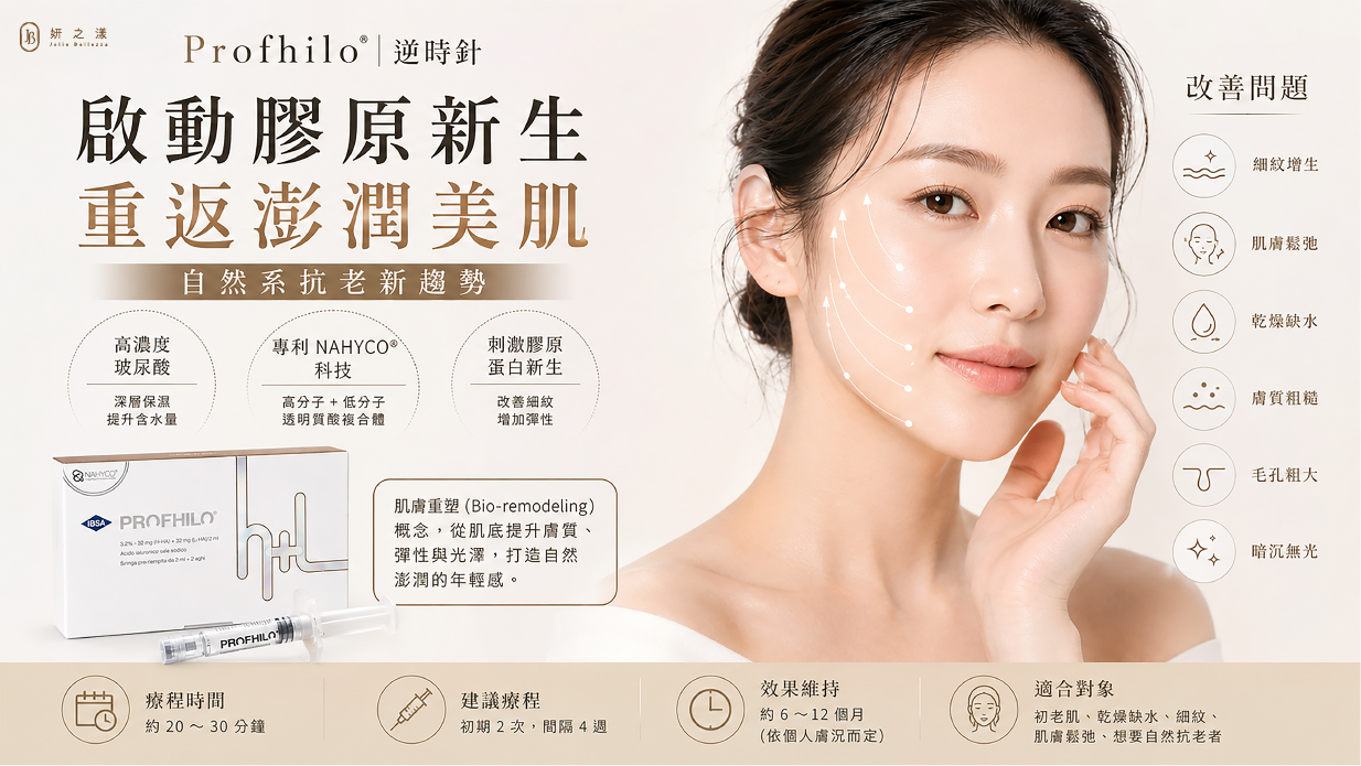 Profhilo逆時針療程介紹,透過高濃度玻尿酸啟動膠原蛋白新生,改善細紋、乾燥與肌膚鬆弛問題,打造自然澎潤年輕肌。 Profhilo逆時針療程介紹,透過高濃度玻尿酸啟動膠原蛋白新生,改善細紋、乾燥與肌膚鬆弛問題,打造自然澎潤年輕肌。